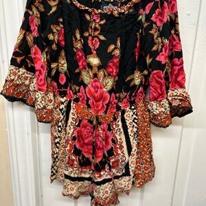 Boho Black Floral romper with Red and Orange Accents